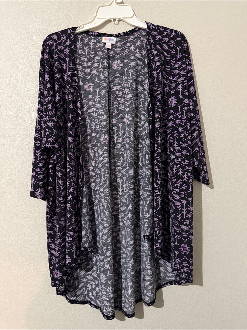 LuLaRoe Black & Lavender Open Front Floral Arrow Kimono